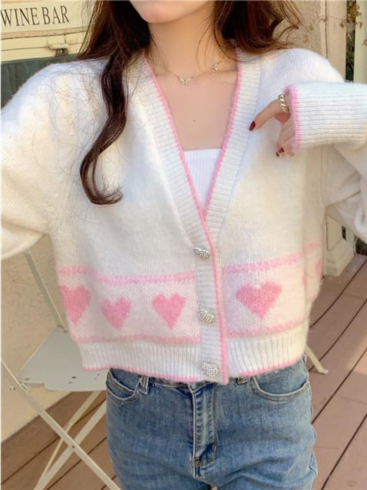 Heart Button Cropped Long Sleeve Cardigan