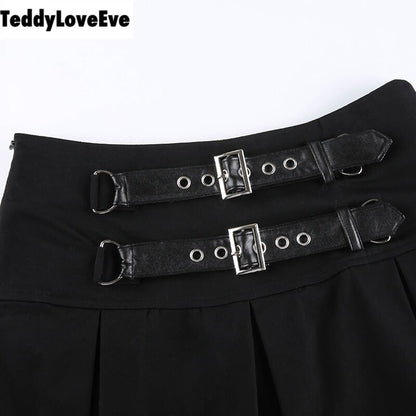 Cute Goth Dark Grunge Punk Pleated High Waisted Rivet Patchwork Mini Skirt Bottoms E-Girl Kawaii Korean Japanese Harajuku Streetwear