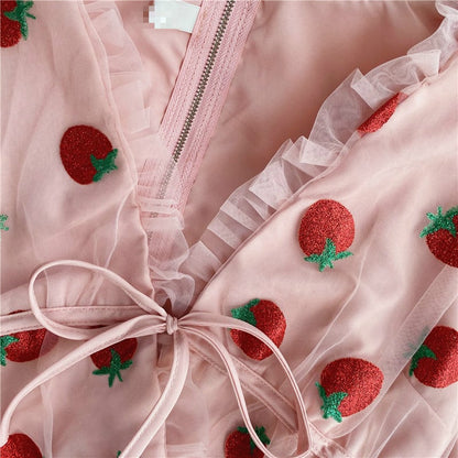 Cute Sexy Pink Strawberry Glitter Sparkle Mesh V Neck Blouse Puff Short Sleeve Shirt Summer Casual E-Girl Kawaii Korean Japanese Harajuku Streetwear