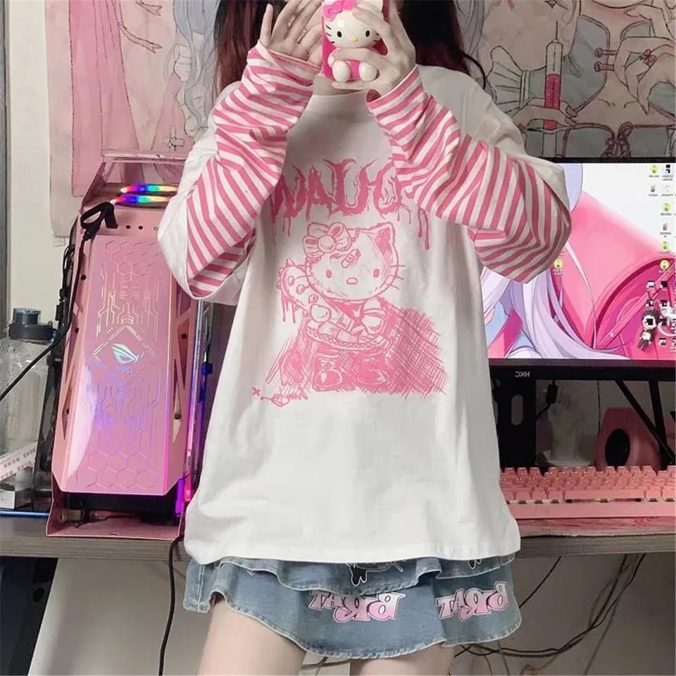 Cat Anime Print Loose Stripe Long Sleeve T-shirt