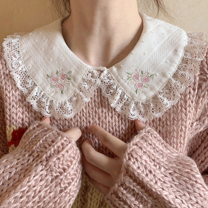 White Floral Embroidery Peterpan Collar Blouse