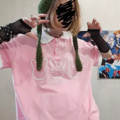 Cute Pastel Bunny Rabbit Embroidery Polo Short Sleeve T- Shirt Top Aesthetic Casual Summer E-Girl Kawaii Korean Japanese Harajuku