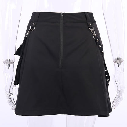 Cute Sexy Punk Goth Black High Waist Mini Skirt Patchwork Bandage Bottom E-Girl Kawaii Korean Japanese Harajuku Chinese Retro Streetwear Aesthetic