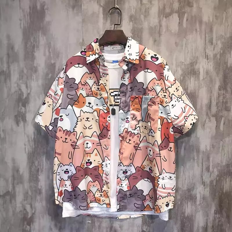 Cute Unisex Cat Cartoon Anime Print Loose Short Sleeve Shirt Button Up Aesthetic Casual Summer E-Girl Kawaii Korean Japanese Harajuku