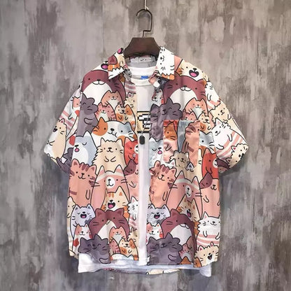 Cute Unisex Cat Cartoon Anime Print Loose Short Sleeve Shirt Button Up Aesthetic Casual Summer E-Girl Kawaii Korean Japanese Harajuku