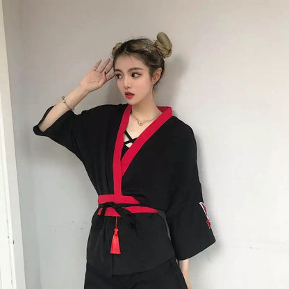 Fox Mask Anime Tassel Blouse Kimono Cardigan Cartoon Print Loose Blouse Long Sleeve Shirt Top E-Girl Kawaii Korean Japanese Harajuku Streetwear