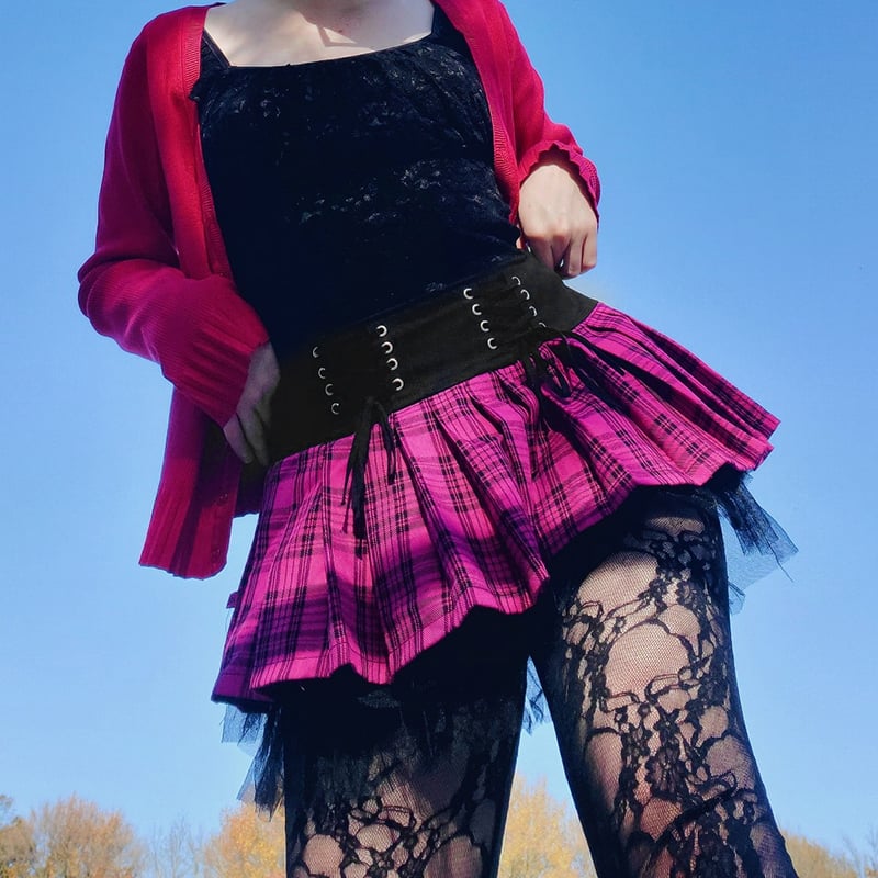 Sexy Lace Up Trim Plaid Pleated Mini Skirt Punk Goth Dark Academia School Girl E-Girl Kawaii Korean Japanese Harajuku Streetwear