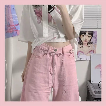 Cute Pink Baggy Oversized Loose Low Rise Wide Leg Denim Pants Trousers Aesthetic Casual Summer E-Girl Kawaii Korean Japanese Harajuku