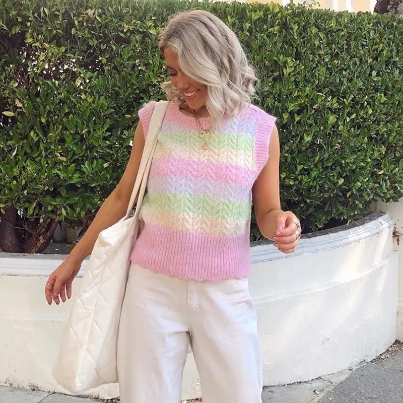 Cute Pink Rainbow Stripe Tie Dye Sleeveless V Neck Knit Vest Sweater Top Pullover Autumn Aesthetic E-Girl Kawaii Korean Japanese Harajuku Streetwear