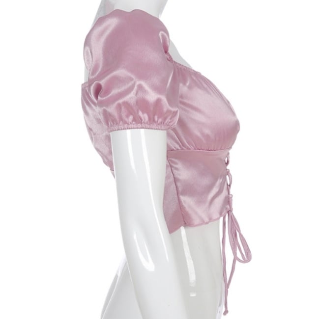Cute Vintage Pink Silky Satin Short Sleeve Shirt Crop Top Lace Up Elegant Aesthetic Casual Summer E-Girl Kawaii Korean Japanese Harajuku