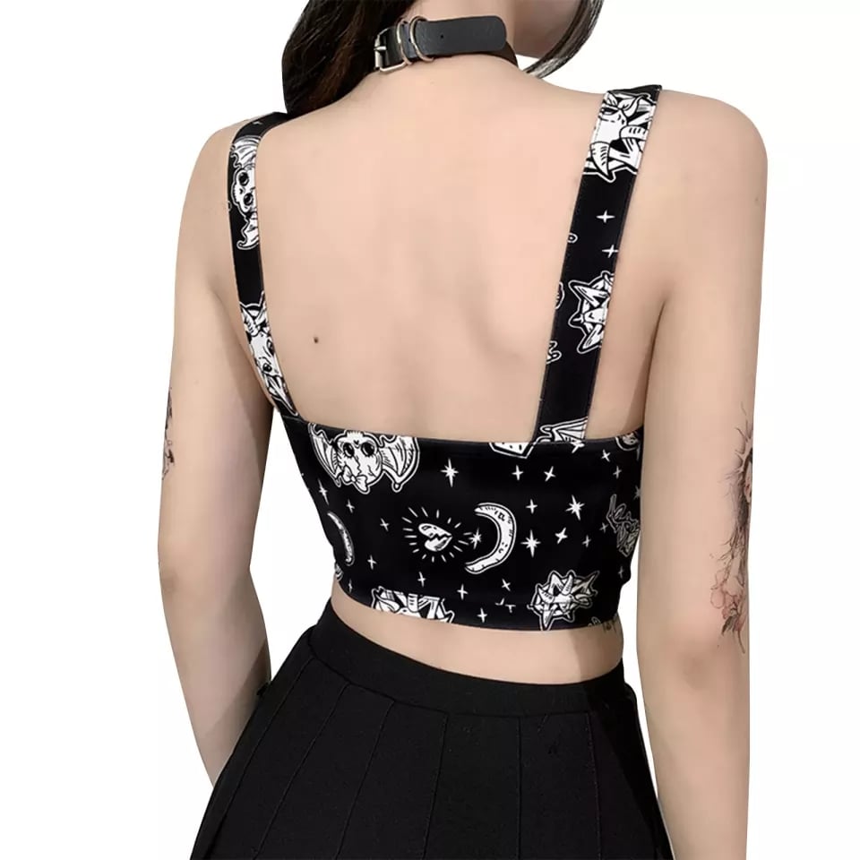 Cute Black Goth Skull Bat Goat Print Zipper Front Camisole Crop Top Tank Summer Aesthetic Casual E-Girl Kawaii Korean Japanese Harajuku