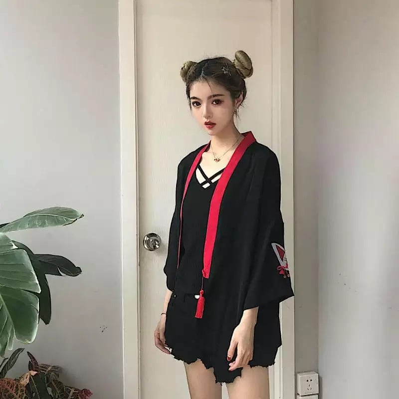 Fox Mask Anime Tassel Blouse Kimono Cardigan Cartoon Print Loose Blouse Long Sleeve Shirt Top E-Girl Kawaii Korean Japanese Harajuku Streetwear