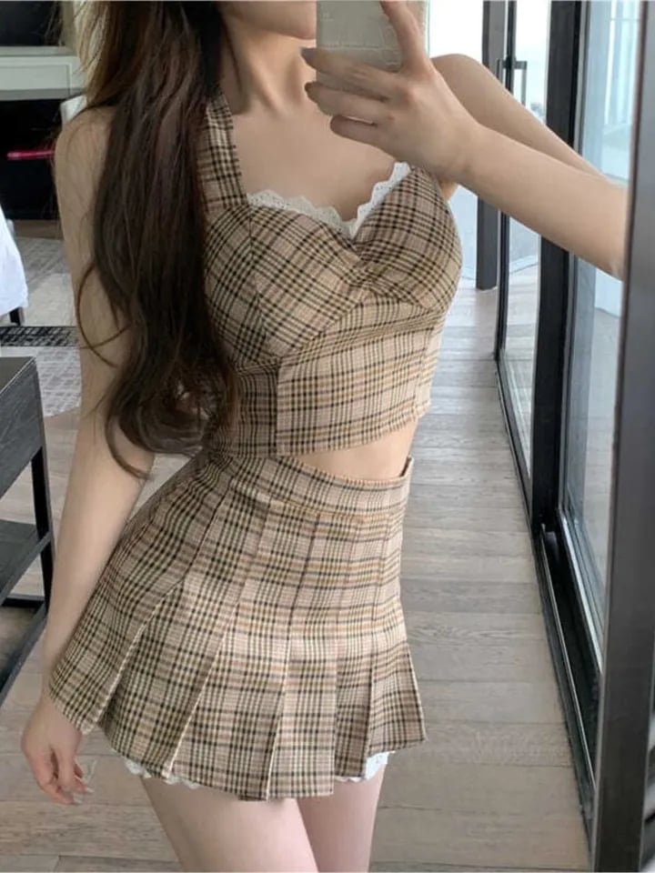 2PCS Plaid Lace Crop Top + Mini Skirt