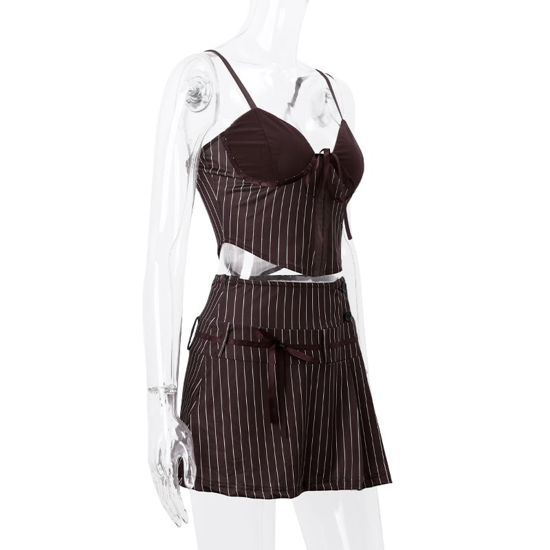 2PCS Vertical Stripe Print Spaghetti Strap Top + Skirt