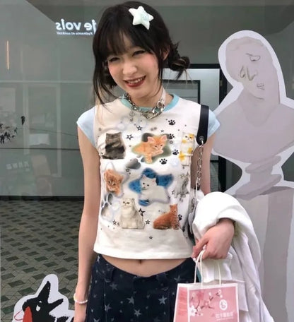 Cat Print Patchwork Short Sleeve T-shirt