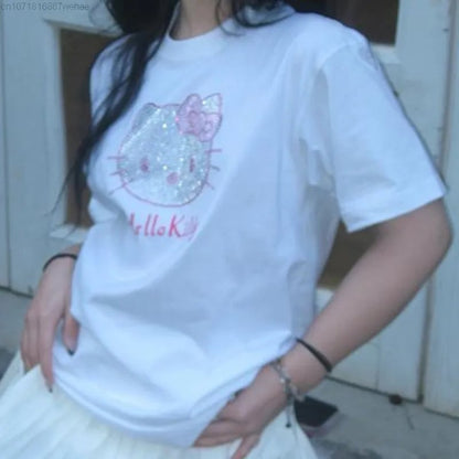 Kitty Cat Anime Rhinestone Short Sleeve T-shirt