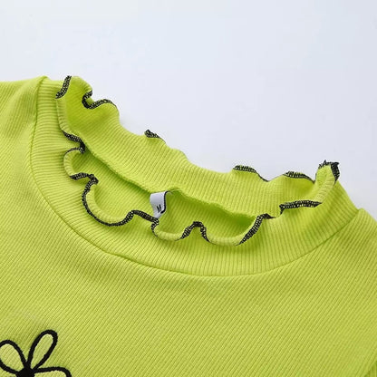 Cute Neon Green Flower Embroidery Casual Summer Crop Top Short Sleeve Tee Shirt T-Shirt E-Girl Kawaii Korean Japanese Harajuku Streetwear