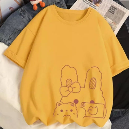 Cute Rabbit Bunny Camera Graphic Cartoon Print Loose Short Sleeve T-shirt Aesthetic Casual Summer E-Girl Kawaii Korean Japanese Harajuku