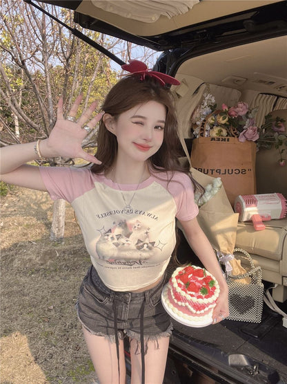 Cat Cartoon Patchwork Print Short Sleeve T-shirt