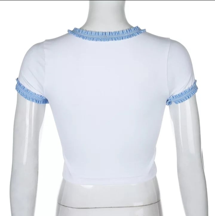 Cute Blue Lace Letter Embroidery Floral Print Short Sleeve Shirt Crop Top Aesthetic Casual Summer E-Girl Kawaii Korean Japanese Harajuku Streetwear