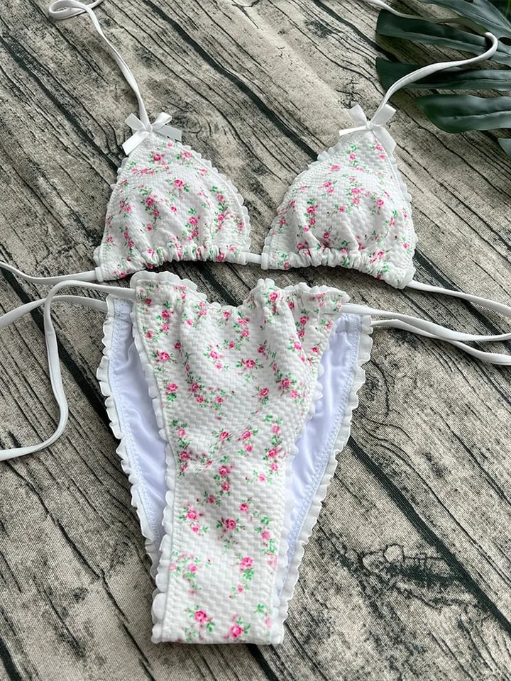 2PCS Floral Print Bow Triangle Bikini Set