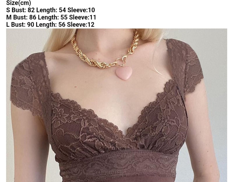 Brown Lace Trim Short Sleeve Shirt
