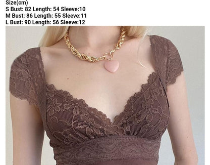 Brown Lace Trim Short Sleeve Shirt