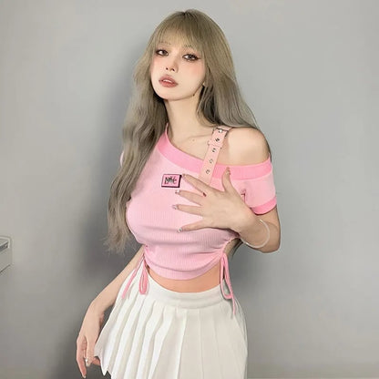 Sweet Pink Off Shoulder Short Sleeve Shirt