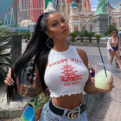 Cute Chinese Takeout Letter Embroidery White Tank Top Cropped Camisole Tee Shirt T-shirt E-Girl Kawaii Korean Japanese Harajuku Retro Streetwear