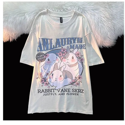 Rabbit Floral Print Short Sleeve T-shirt