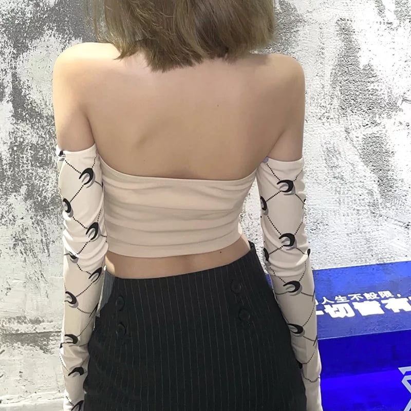 Cute Moon Print Patchwork Bandage Bustier Chain Halter Crop Top Off Shoulder Long Sleeve Shirt Aesthetic E-Girl Kawaii Korean Japanese Harajuku