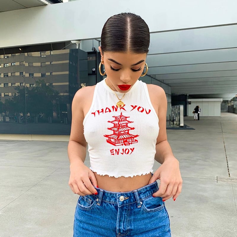 Cute Chinese Takeout Letter Embroidery White Tank Top Cropped Camisole Tee Shirt T-shirt E-Girl Kawaii Korean Japanese Harajuku Retro Streetwear