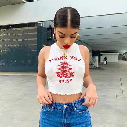 Cute Chinese Takeout Letter Embroidery White Tank Top Cropped Camisole Tee Shirt T-shirt E-Girl Kawaii Korean Japanese Harajuku Retro Streetwear