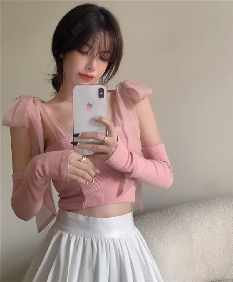 Sweet Pink Bow Knit Long Sleeve Crop Top