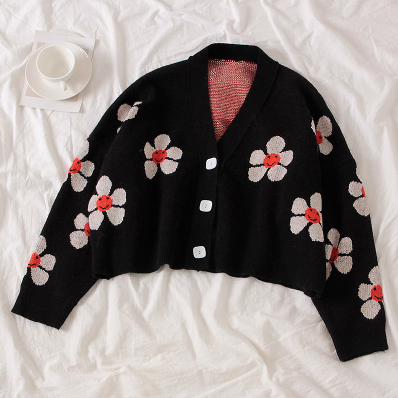 Cute Vintage Flower V Neck Long Sleeve Knit Cardigan Sweater Sweatshirt Pullover Jumper E-Girl Kawaii Korean Japanese Harajuku Streetwear