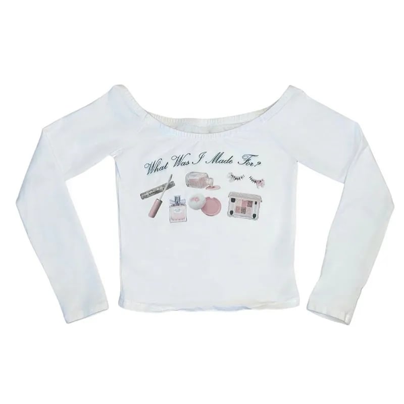 Girly Girl Print One Shoulder Long Sleeve Crop Top