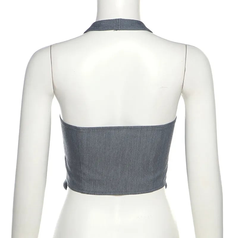 Grey Halter Button Down Vest Top