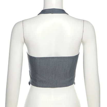 Grey Halter Button Down Vest Top