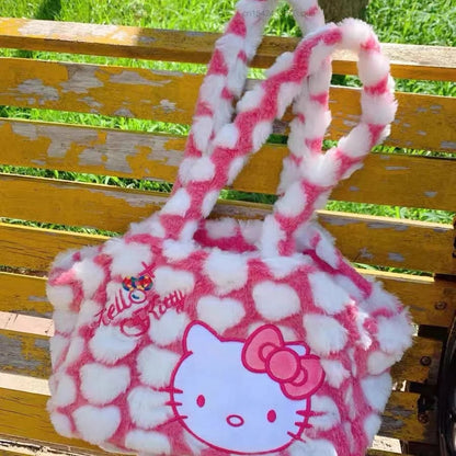 Cute Sweet Pink Kitty Cat Love Heart Plush Shoulder Messenger Bag Purse Aesthetic Casual Summer E-Girl Kawaii Korean Japanese Harajuku