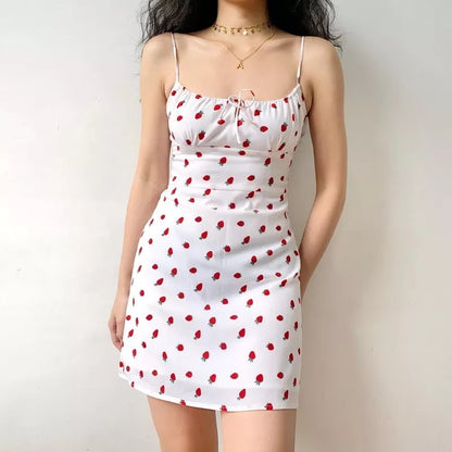 Cute White Strawberry Print Spaghetti Strap Sleeveless Mini Dress Beach Party Summer Aesthetic Casual E-Girl Kawaii Korean Japanese Harajuku