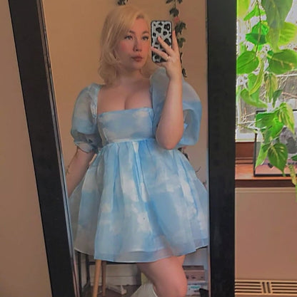Cute Sexy Blue Cloud Sky Princess Square Neck Puff Sleeve Mini Party Dress Summer Aesthetic E-Girl Kawaii Korean Japanese Harajuku
