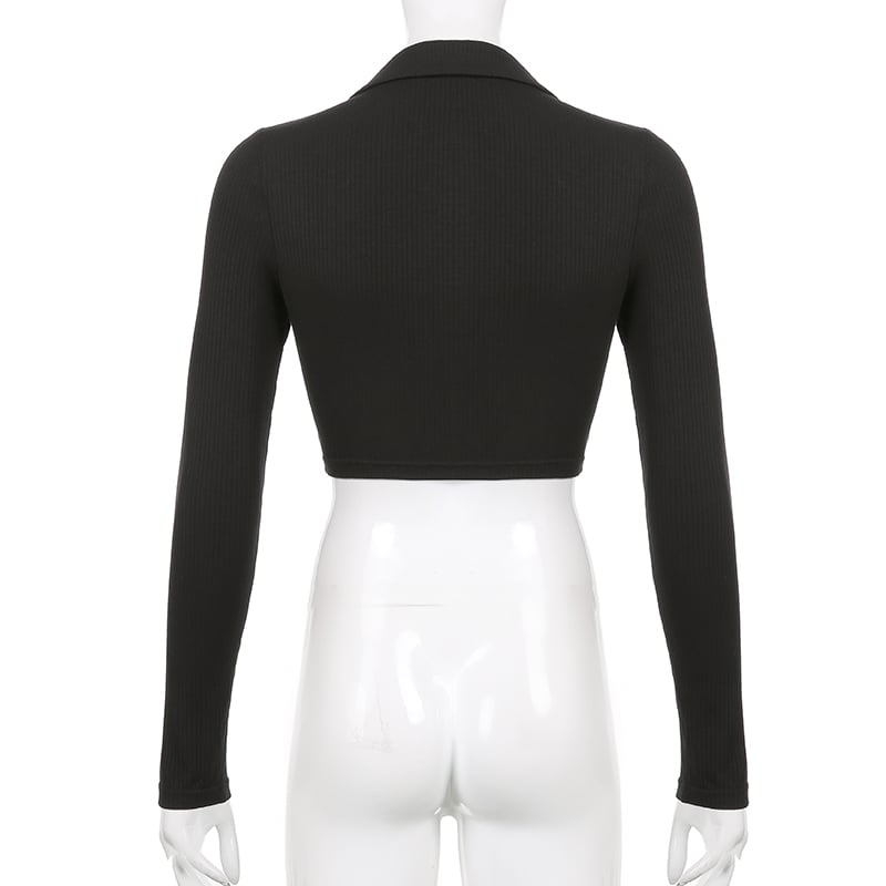 Black Knit V Neck Long Sleeve Crop Top