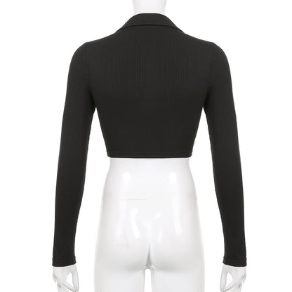 Black Knit V Neck Long Sleeve Crop Top