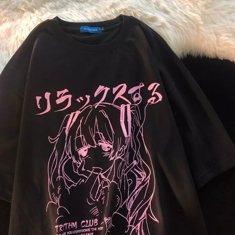 Cute Sad Anime Girl Cartoon Print Short Sleeve T-shirt Loose Punk Goth Aesthetic Casual Summer E-Girl Kawaii Korean Japanese Harajuku