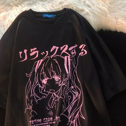 Cute Sad Anime Girl Cartoon Print Short Sleeve T-shirt Loose Punk Goth Aesthetic Casual Summer E-Girl Kawaii Korean Japanese Harajuku