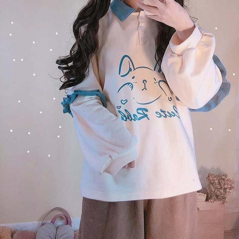 Cute Bunny Rabbit Graphic Vintage Collar Long Sleeve T- Shirt Sweatshirt Aesthetic Casual E-Girl Kawaii Korean Japanese Harajuku