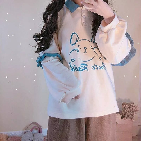 Cute Bunny Rabbit Graphic Vintage Collar Long Sleeve T- Shirt Sweatshirt Aesthetic Casual E-Girl Kawaii Korean Japanese Harajuku