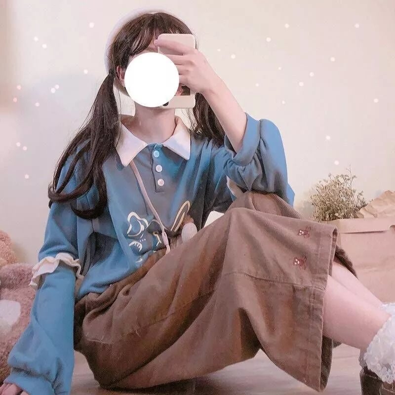 Cute Bunny Rabbit Graphic Vintage Collar Long Sleeve T- Shirt Sweatshirt Aesthetic Casual E-Girl Kawaii Korean Japanese Harajuku
