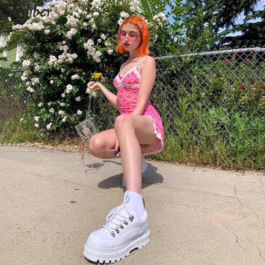 Cute Pink Cherry Lace Up Bodycon Mini Dress Fashion Party Print E-Girl Kawaii Korean Japanese Harajuku Retro Streetwear