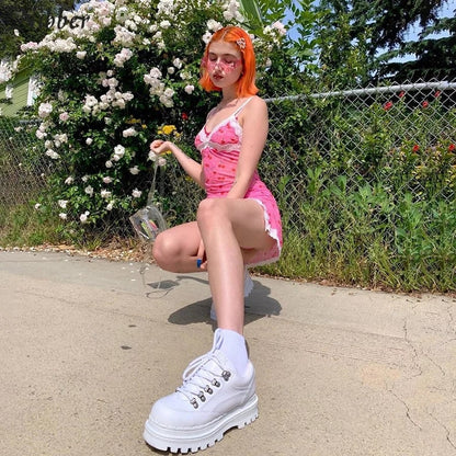 Cute Pink Cherry Lace Up Bodycon Mini Dress Fashion Party Print E-Girl Kawaii Korean Japanese Harajuku Retro Streetwear
